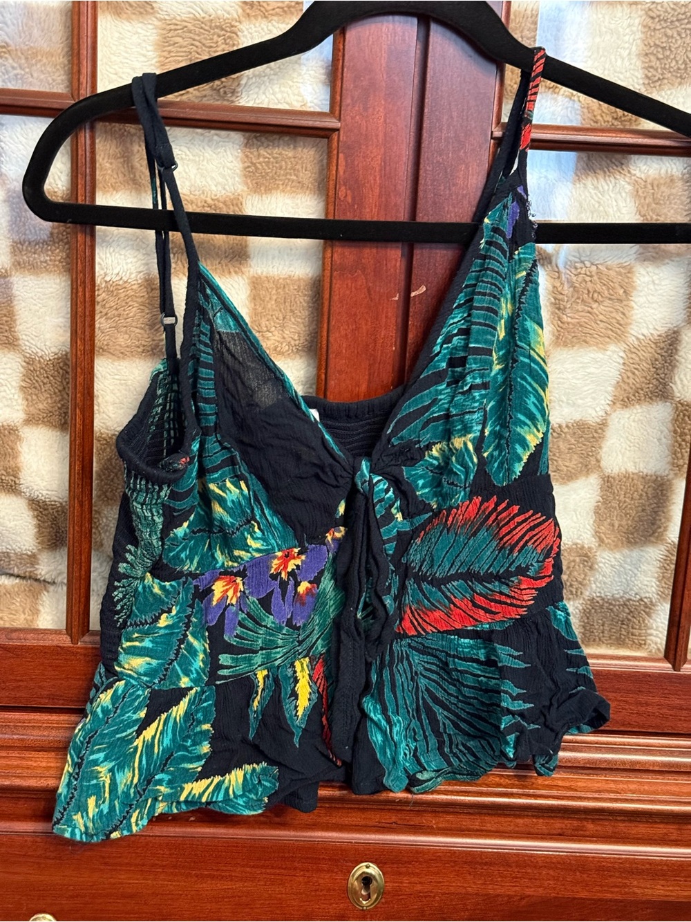 Patrons of Peace Tropical Leaf Tie-Front Cami in Black with Green & Red